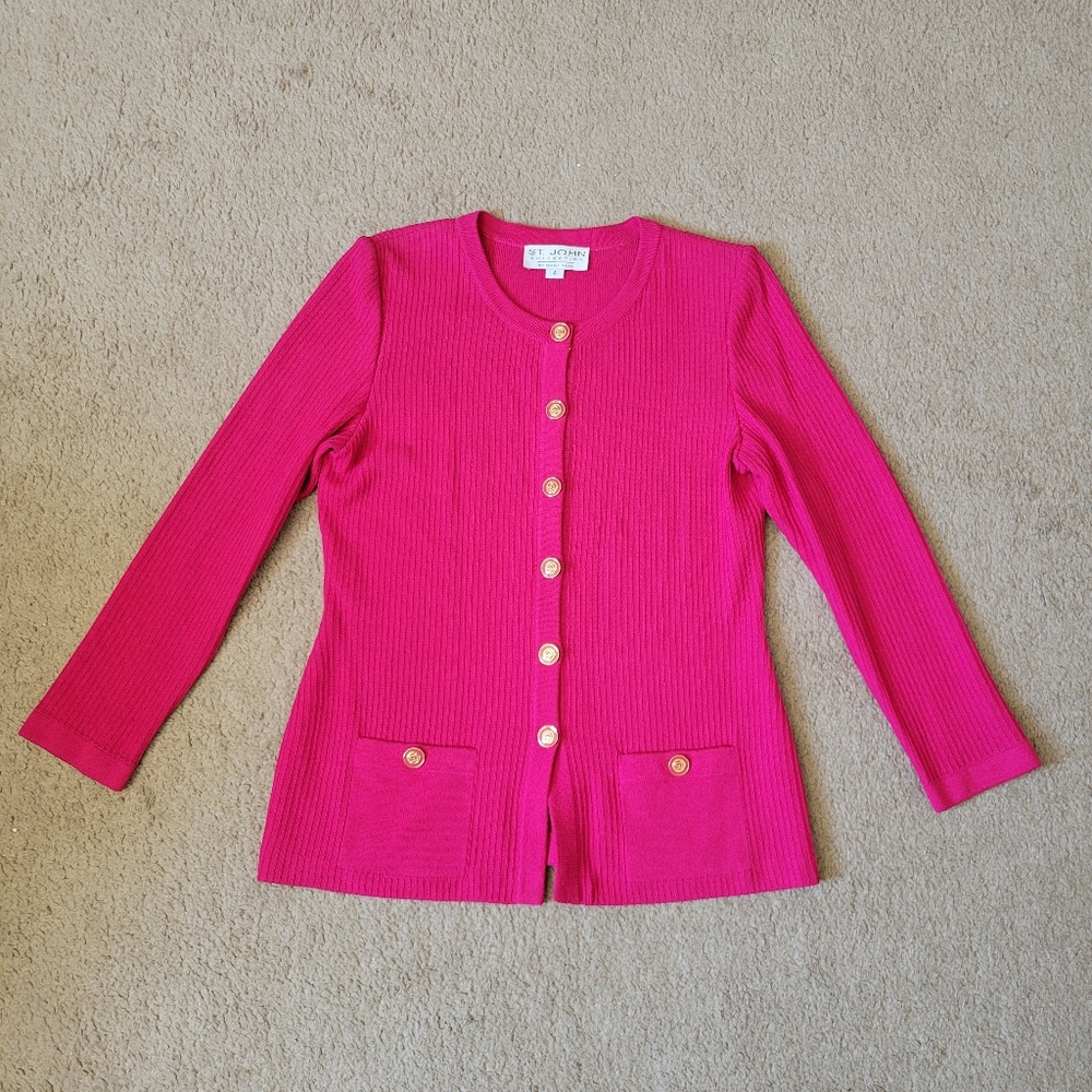 St John Collection Mary Gray Rib Knit Cardigan Pink Fuchsia Size 4 Made In USA